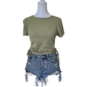 Forever 21 Ribbed Tee Side Adjustable Ruching Sage Green Size L